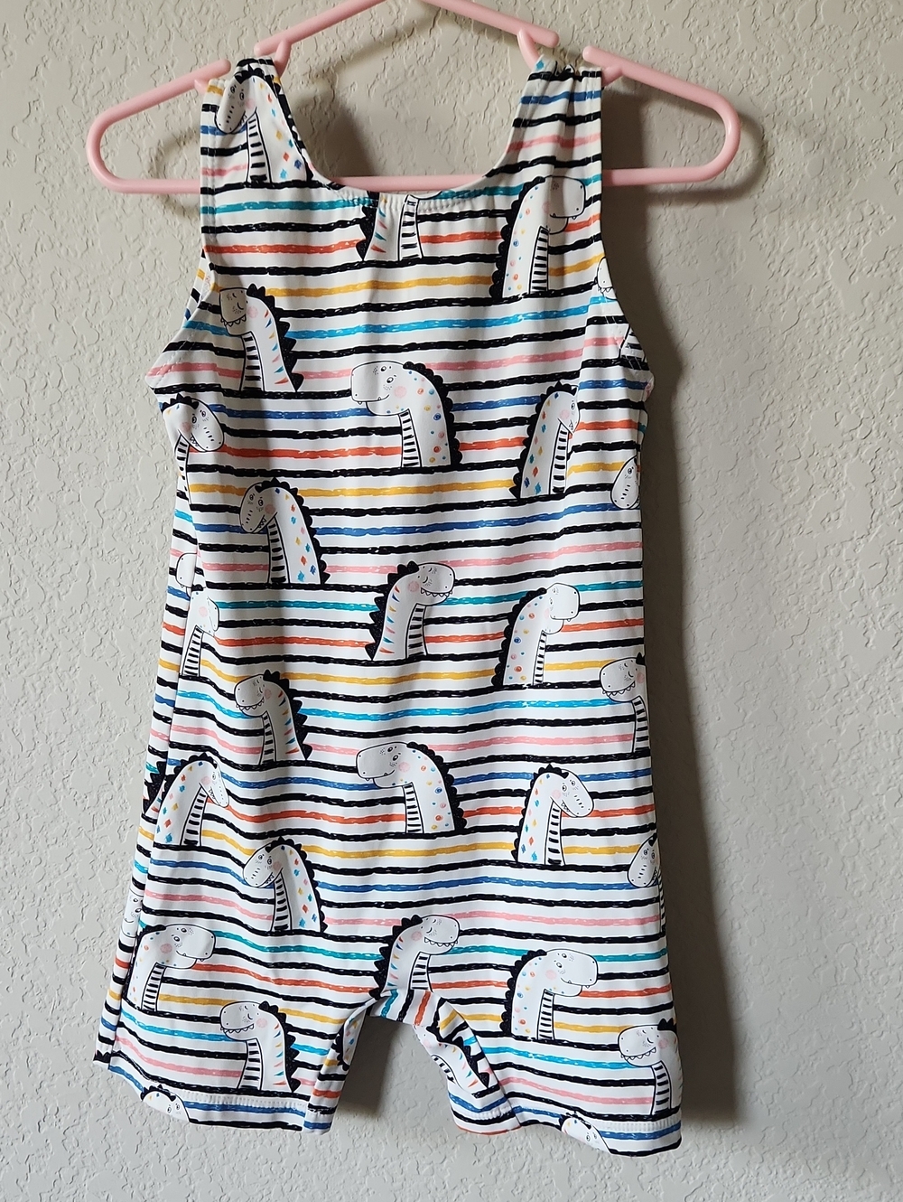Kids One-Piece Swim Suit with Rainbow Stripe Dino Print - White